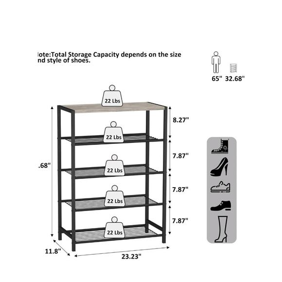 HOMEFORT 5 Tiers Shoe Rack Organizer,23" Shoe Storage Shelf for Closet, Shoe... - Picture 3 of 10